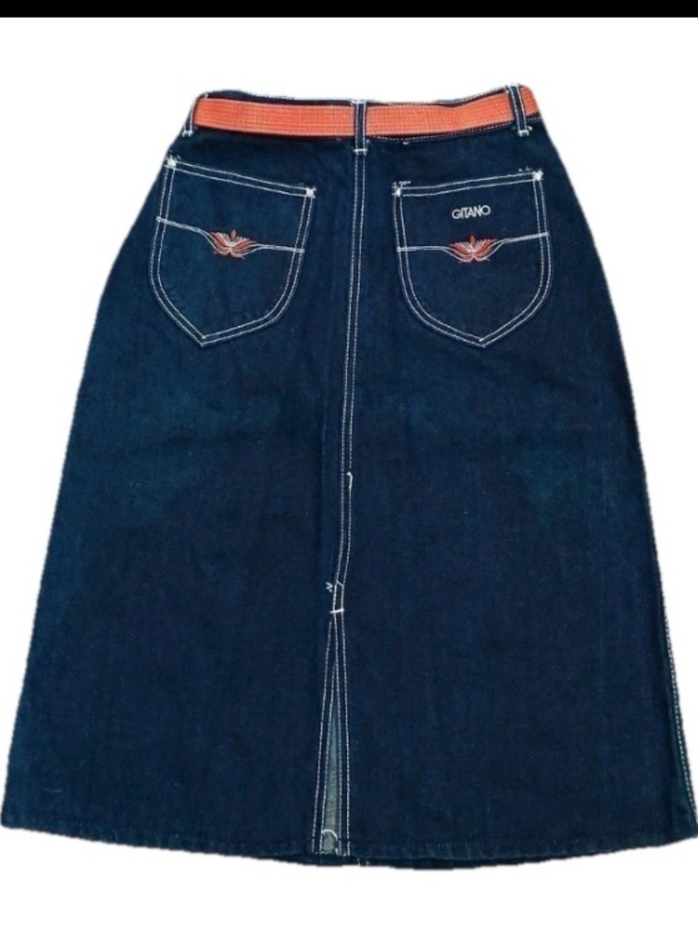 Y2K Vintage Denim Midi Skirt Belted Embroidered Contrast Stitch High Waist 6